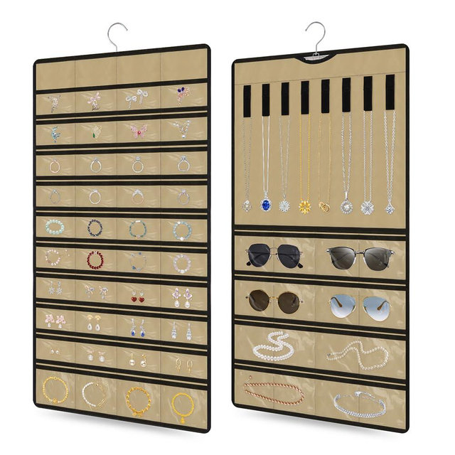 RTAYAGOOPA Hanging Jewelry Organizer 1 pack, Double-Sided,Multi-pocket-48 Pockets + 8 hook for Earrings/Necklaces/Rings/Bracelets, Sturdy Hooks fits Closet/Wall/Door, Gift for Women
