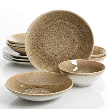 Gibson Elite Ombre Chestnut 12 Piece Double Bowl Dinnerware Set, Brown