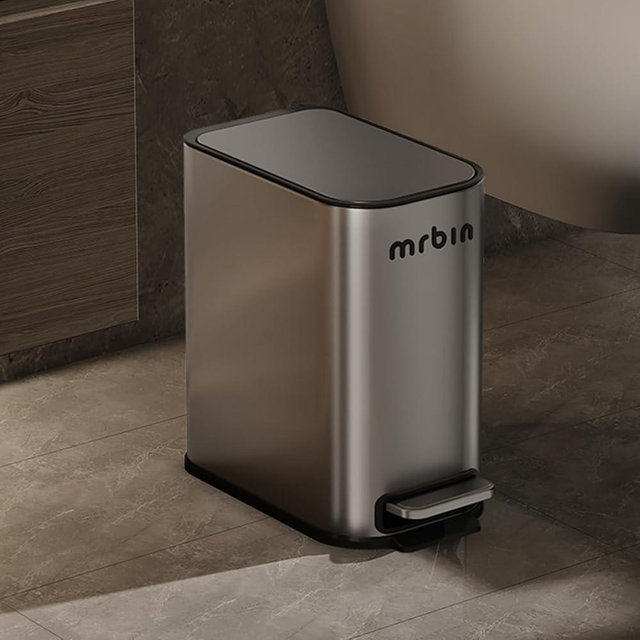 MRBIN Stainless Steel Small Bathroom Trash Can with Lid, 1.6 Gallon Slim Metal Step Waste Basket, Little Garbage Dustbin with Foot Pedal for Narrow Bedroom, Rv, Kitchen, Toilet, Office, Eclipse Grey