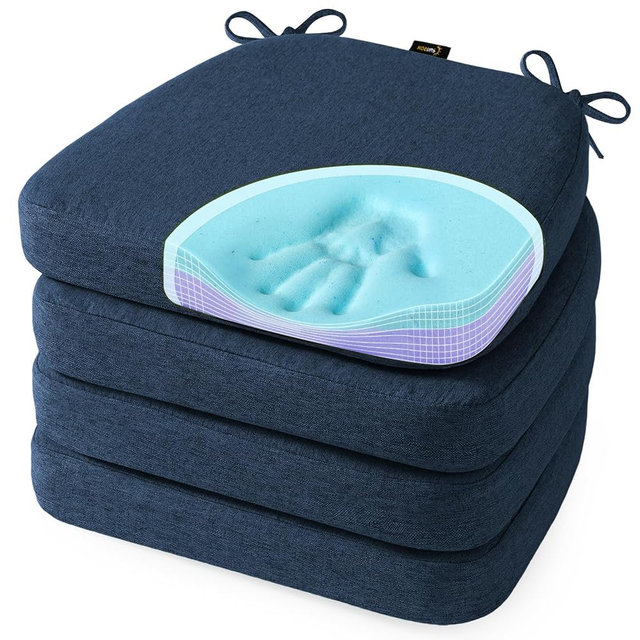 SUNROX Cooling Gel Memory Foam Chair Cushions, 2.6" Thick U-Shaped Dual-Layer Comfort Dining Chair Pads, Non Slip Seat Cushion with Ties for Indoor Kitchen Office 17"x16" Set of 4, Navy
