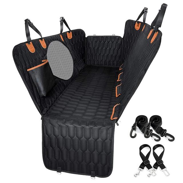 Dog Car Seat Cover 100% Waterproof, OKMEE Scratchproof Dog Seat Cover with Big Mesh Window, 2 Seat Belts and a Pocket, Durable Nonslip Seat Cover for Dogs Back Seat, SUVs and Trucks