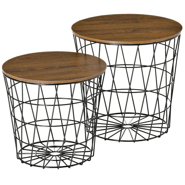 HOMCOM End Tables Set of 2, Nesting Tables with Storage, Round Accent Side Tables with Removable Top for Living Room, Bedroom, Black / Brown