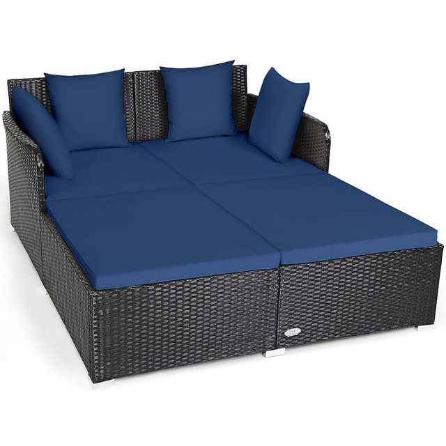 COSTWAY Outdoor Patio Rattan Daybed, Sponge Cushioned Loveseat Sofa with 4 Pillows, Wicker Furniture Sunbed for Balcony, Courtyard (Navy Blue)