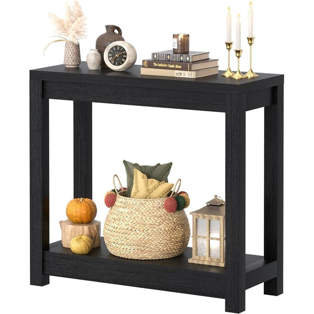Besiost Small Farmhouse Wood Entryway Table Narrow Console Table with Storage Behind Couch Sofa Table with Shelves Entry Way Table with Open Storage, Easy Assembly, 32" Embossed Wood Grain Black