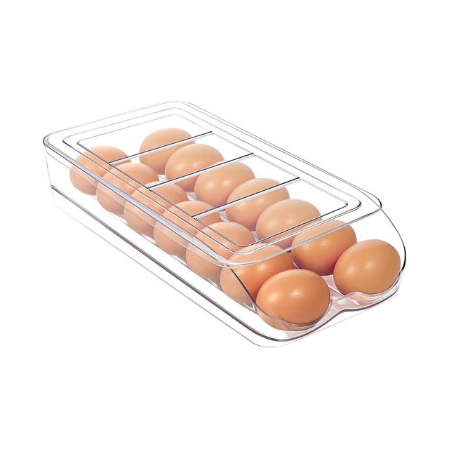 MesRosa Egg Holder for Fridge, Automatic Rolling Egg Organizer for Refrigerator, Clear Plastic Egg Container & Tray, Stackable Egg Dispenser and Storage with Sturdy Lid to Saving Space -1 Layer