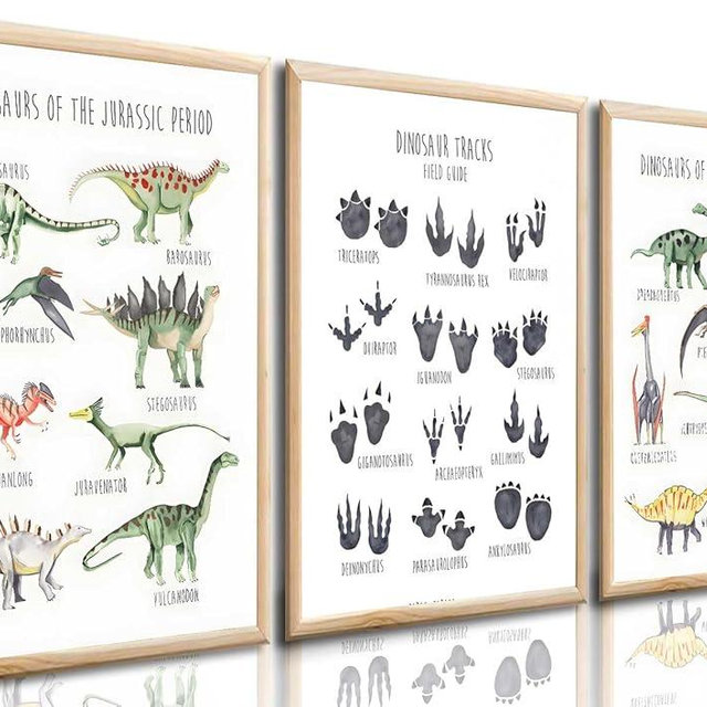 3Pcs Dinosaur Tracks Wall Art Tyrannosaurus Stegosaurus Triceratops Parasaurolophus Wall Decor Kid Room Posters Prints teen Cool Pictures painting for Classroom nursery Decoration,Unframed 12x16in