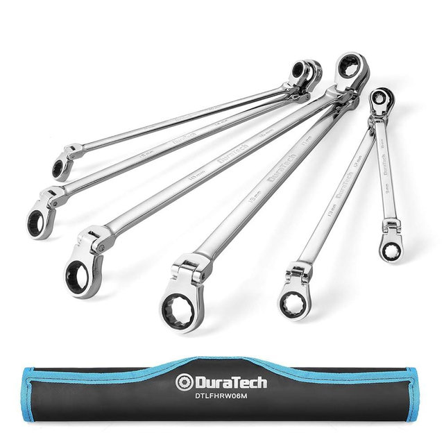 DURATECH Extra Long Flex-Head Ratcheting Wrench Set, Double Box End Wrench Set, 6-Piece, Metric 8-19 mm, CR-V Steel, with Pouch