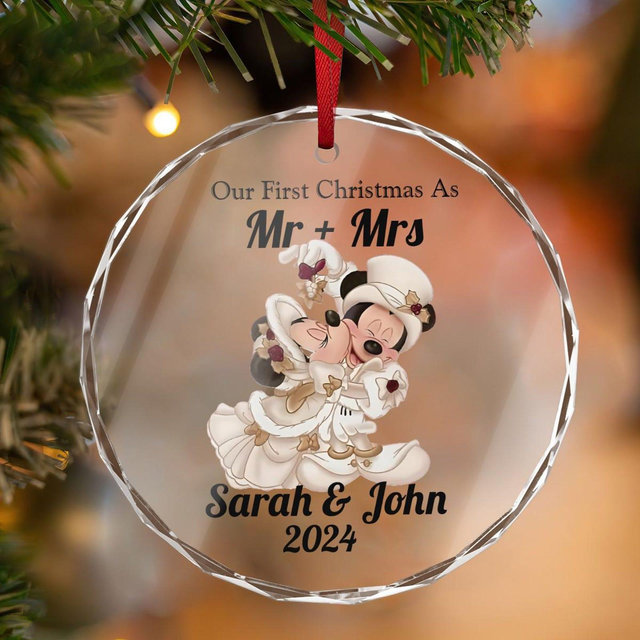 Mr and Mrs Christmas Ornament,Disney Christmas Glass Ornament, Mickey Couple Custom Ornament,Newly Married Gifts
