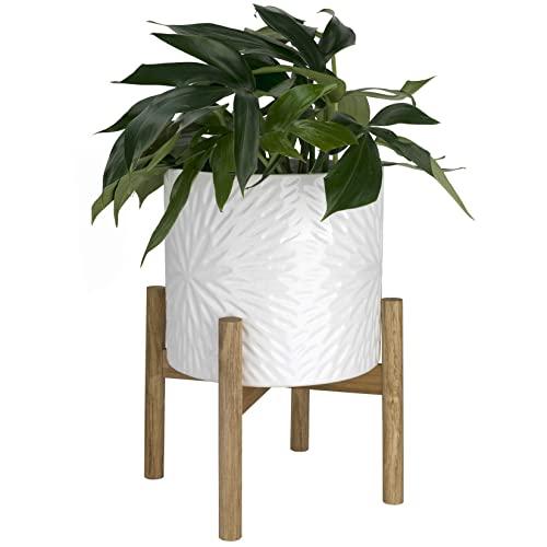 Large Ceramic Plant Pot with Wood Stand - 10 Inch White Cylinder Floral Pattern Embossed Flower Pot Indoor with Wooden Planter Holder