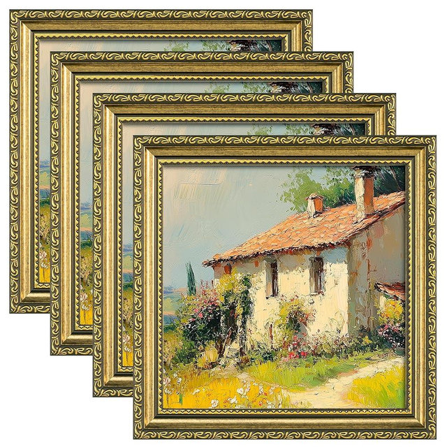 eletecpro 8x8 Picture Frames Set of 4, Vintage Frame with Glass Cover, 8 x 8 Gold Photo Frames Display 4x4 Photo with Mat or 8x8 without Mat for Tabletop or Wall Decor, Gold