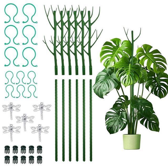 Plant Support Stakes Set 6 Pack 28.5" Detachable Twig Monstera Plant Support Sticks with Dragonfly Clips Orchid Clips, Stackable Green Branch Trellis for Climbing Potted Plants Indoor Outdoor