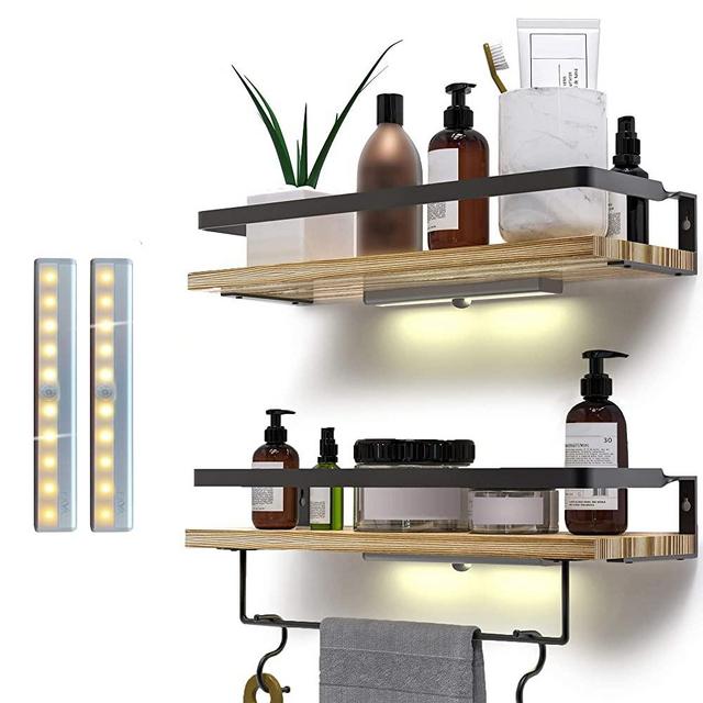 EAVA Bathroom Floating Shelves, Lighted Wall Mounted Shelves ,Rustic Wood Wall Storage Shelves for Bathroom, Kitchen and Bedroom,Set of 2 with Removable Towel Holder and Hooks.