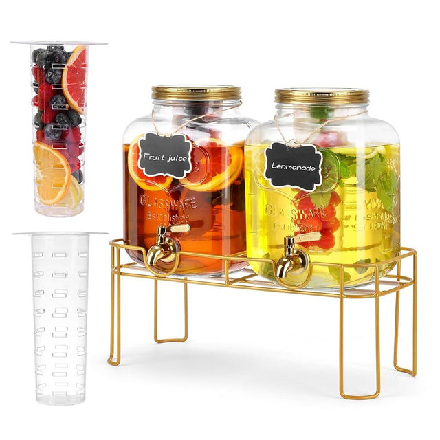 1.6 gallon Glass Beverage Dispenser with Stand, 2PACK Lemonade Dispenser with Spigot Stainless Steel, Drink Dispensers for Parties,Picnic,Weddings(Golden)