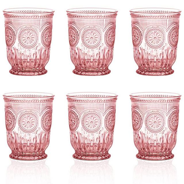 Colored glassware set of 6 pink glassware pink glass cups, pink glasses drinking, vintage drinking glasses, pink drinking glasses emboss glass tumblers pink drinking glasses vintage, vintage glassware