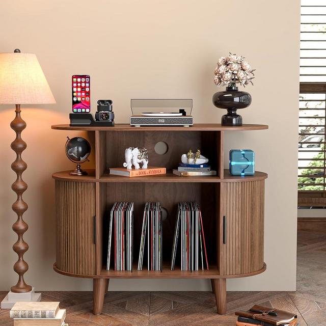 LUVIOHOME Large Round Record Player Stand with Charging Station & USB Ports，Record Storage Cabinet, Mid Century Modern Turntable Stand for Bedroom Living Room (Small Brown)