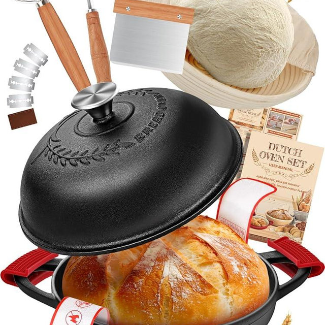 Dutch Oven Bread Baking Pot with Lid 6QT Cast Iron Design & Complete Sourdough Kit (Banneton Basket, Dough Tools, Silicone Sling) for Artisan Bread Making
