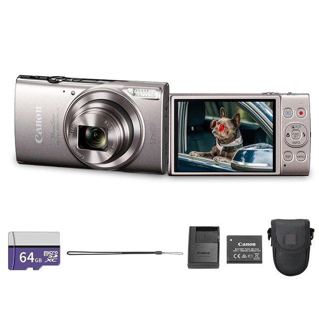 Canon PowerShot ELPH 360 HS A Digital Camera (Silver) | 20.2MP CMOS Sensor, 12x Optical Zoom & Built-In Wi-Fi | Compact Point-and-Shoot for Travel, Family & Everyday Photography (7283C001) + 64GB Card