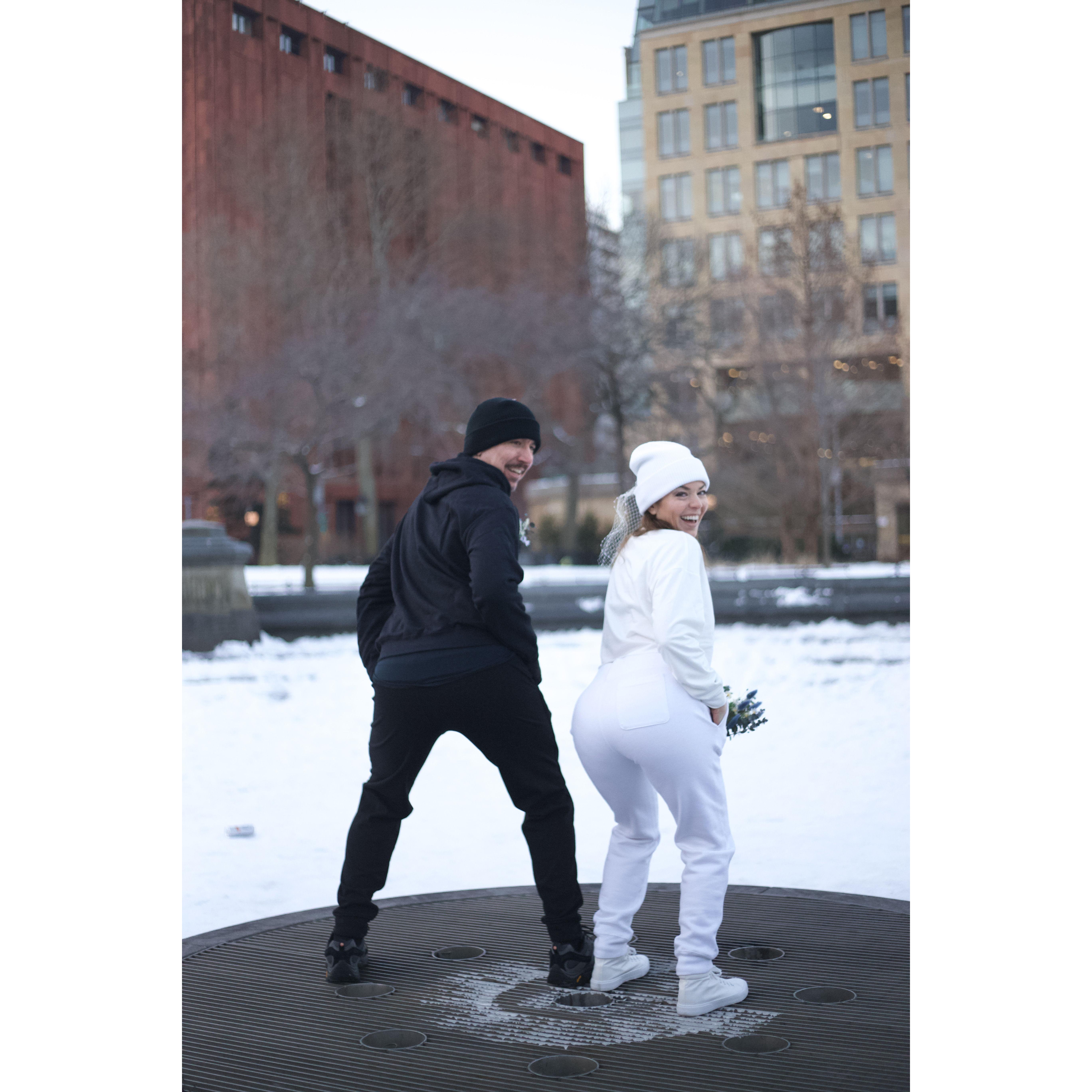 Alex and Jason twerkin' at their elopement.