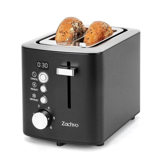 ZACHVO 2 Slice Toaster with Wide Slots for Bread & Bagels, Stainless Steel Toaster with Digital Countdown, 6 Shade Settings, Defrost, Reheat & Cancel, Compact Design for Kitchen, Black