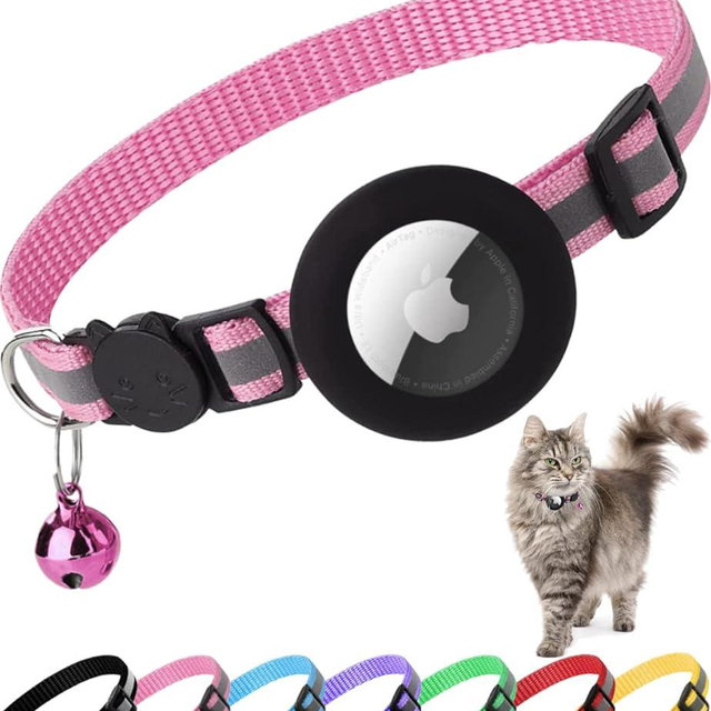 Dgerp Airtag Cat Collar Breakaway, Reflective Kitten Collar with Apple Air Tag Holder and Bell for Girl Boy Cats, 0.4 Inches in Width and Lightweight(Pink)