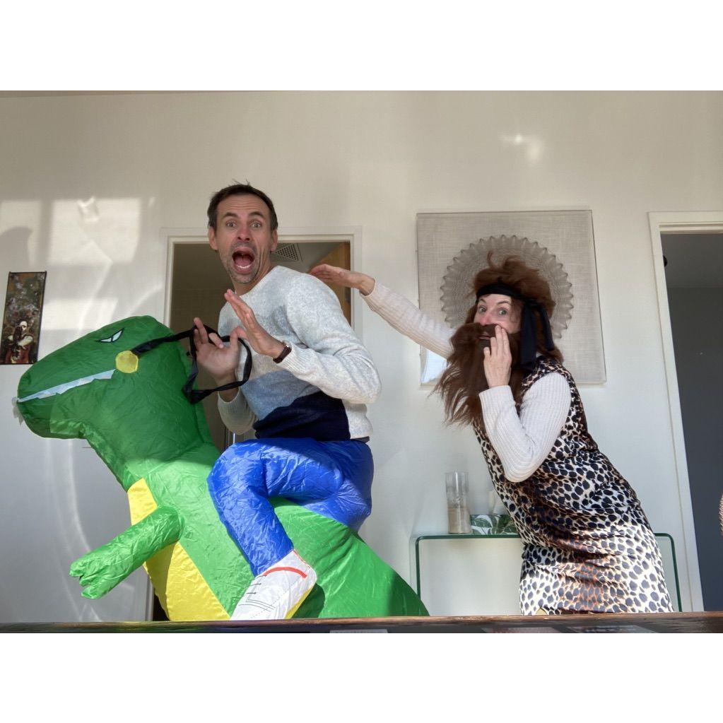 Halloween costumes following the Flintstones' version of evolution