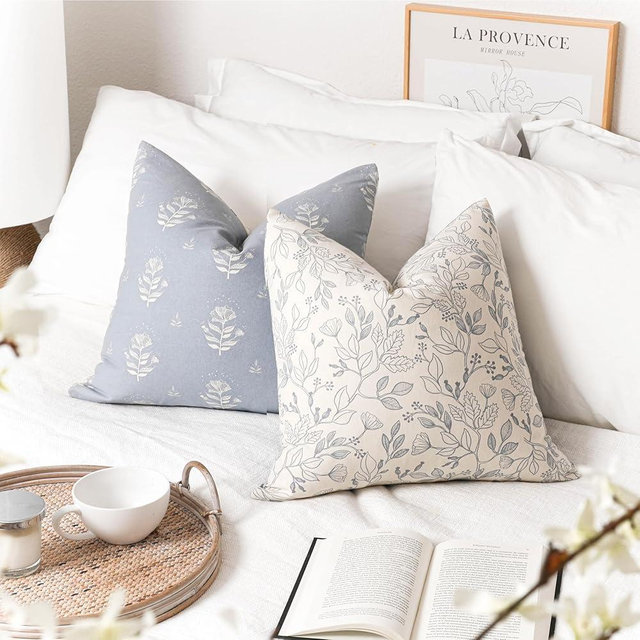 SageSelvas Coastal Blue Farmhosue Decorative Throw Pillow Cover 20x20 Set of 2, Floral Cotton Accent Throw Pillow for Couch Sofa Living Room, Cover ONLY