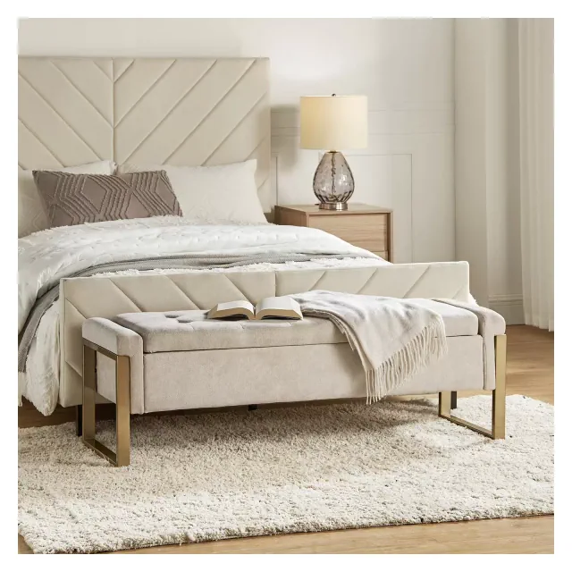Octavio Modern Upholstered Flip Top Storage Bench with Metal Legs|ARTFUL LIVING DESIGN-BEIGE