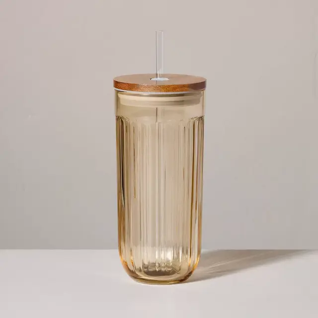21oz Fluted Glass Tumbler with Wood Lid Beige - Hearth & Hand™ with Magnolia