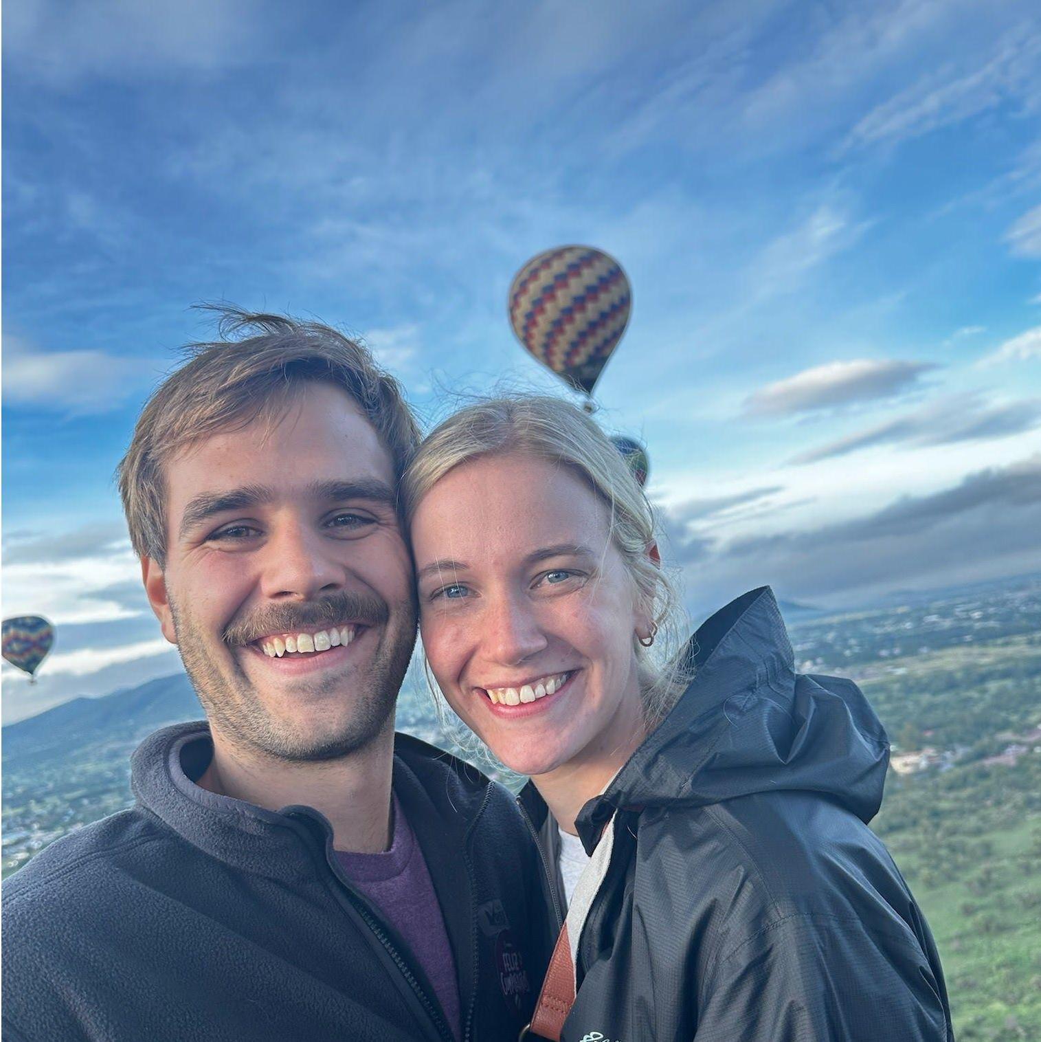 A sunrise hot air balloon ride over the Teotihuacan Pyramids in Mexico for Garrett’s birthday trip