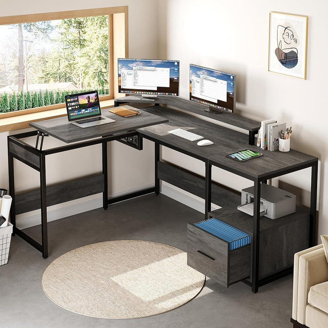 YITAHOME L Shaped Desk with Lift Top, 65" Adjustable Standing Desk with File Drawer, Corner Computer Desks with Storage Shelves, Grey