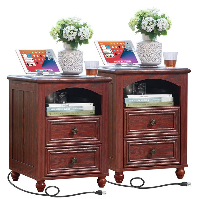 RWYHG 18" Farmhouse Night Stand Set of 2 with Charging Station, Wood Nightstand with 2 Drawers, Bedside End Table with Shelf Storage, Bed Side Tables Dresser for Bedroom, Living Room, and Closet