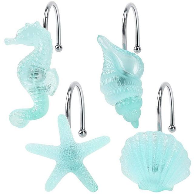Beach Shower Curtain Hooks, Glow in The Dark, Unique Blue Starfish, Seashell, Conch and Seahorse, Stainless Steel Hooks, Beachcomber Collection Ocean Seaside Pretty Bathroom Décor
