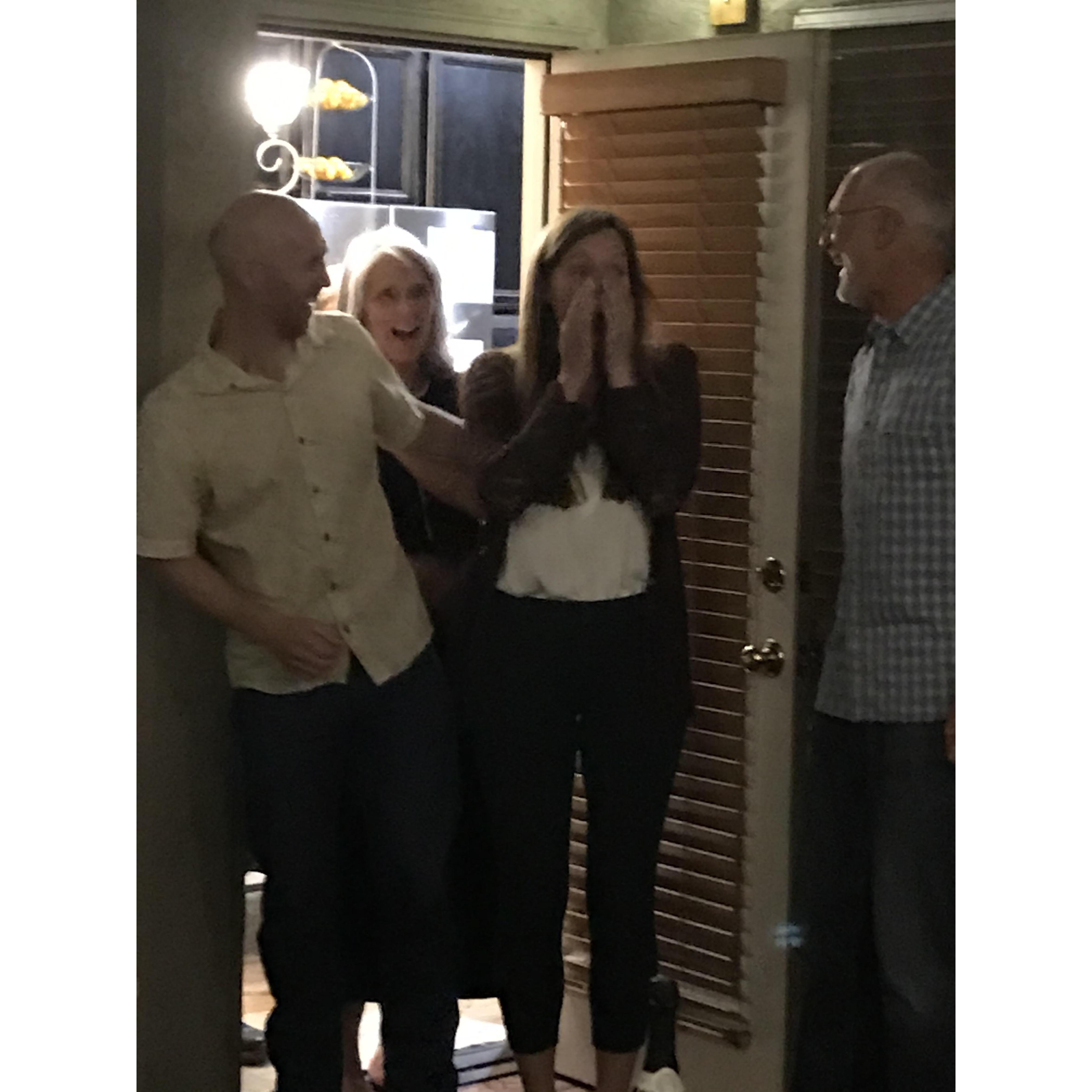 Aunt Jalene snapped this pic when we walked outside to our surprise engagement party (2 hours late) and were greeted by tons of family & friends!