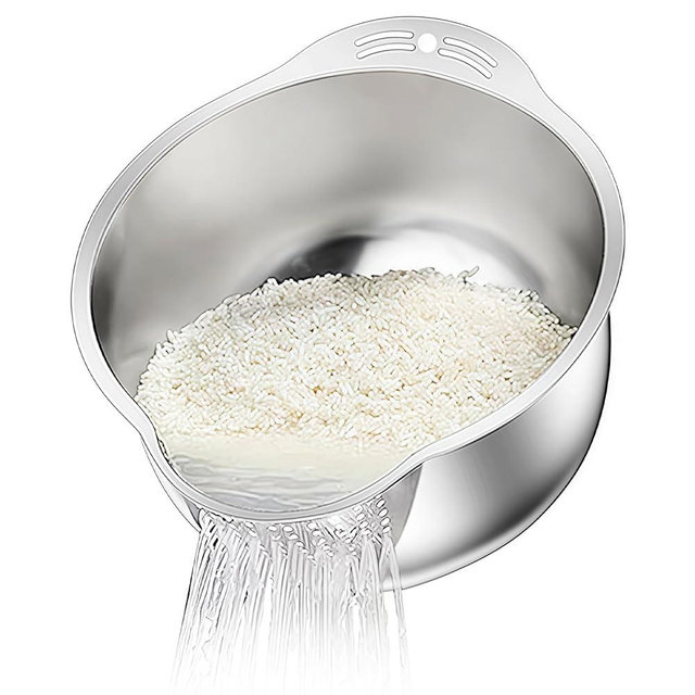 Rice Washer Strainer Bowl, Stainless Steel Washing Bowl for Rinsing Quinoa, Side Drainers Colander for Cleaning Fruits, Vegetables, and Beans - Versatile Kitchen Gadgets