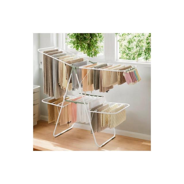 LEDREM 2-Level Foldable Clothes Drying Rack with Height-Adjustable Wings, Free-Standing Laundry Rack Clothes Dryer, 33 Drying Rails, and Sock Clips