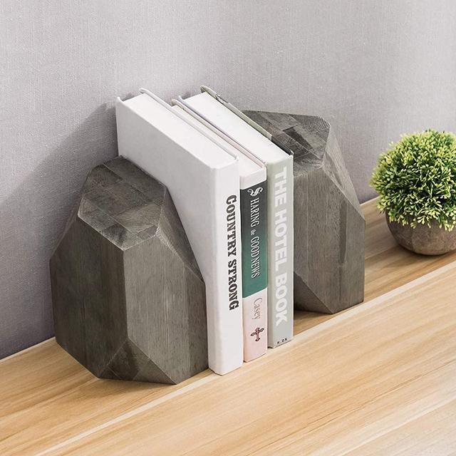 MyGift Vintage Gray Solid Wood Geometric Style Bookends, Decorative Bookshelf Display Organizers, Set of 2