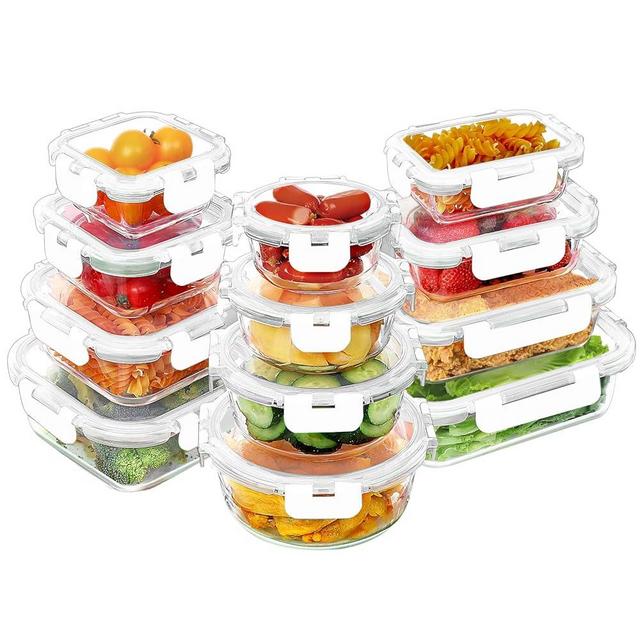VERONES 24 Pieces Glass Food Storage Containers Set, Airtight Glass Lunch Containers, Stackable Glass Meal Prep Containers with Lids,BPA-Free, for Microwave, Oven, Freezer & Dishwasher Friendly,White