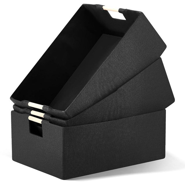 Cinnvoice 3 Pack Fabric Storage Bins for Closet Shelves, Rectangle Wardrobe Organizers with Handle, Collapsible Shelves Storage Basket for Sorting Clothes, Nursery Toy(Black,15 x 10.6 x 6 Inch)