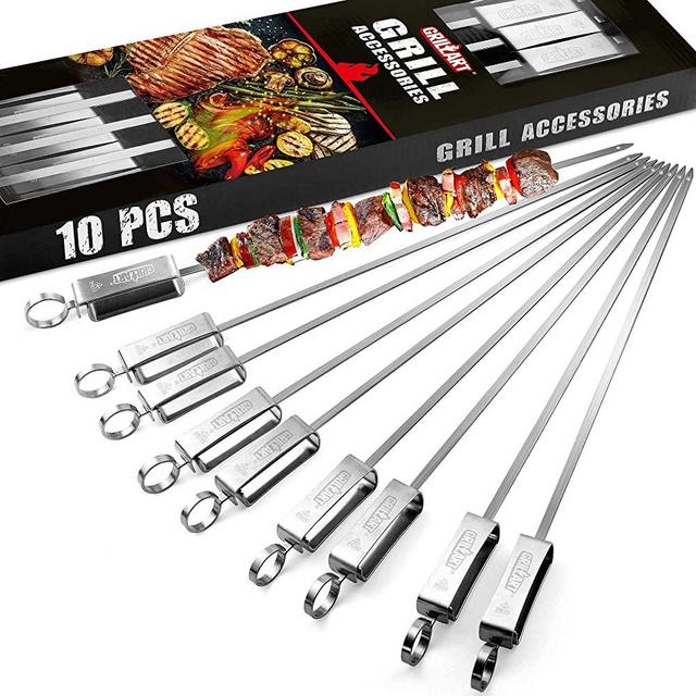 GRILLART Kabob Skewers for Grilling – Metal Skewers for Kabobs with Slider – Flat BBQ Skewers Stainless Steel – 17” Shish Kabob Grill Skewers & Ideal Kabob Sticks for Meat Shrimp Chicken Veggie(10PCS)