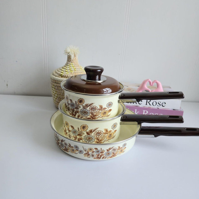 set of 3 Vintage enamel kitchen battery, 2 sides with lids, 70s Flower Power groovy, Mid-Century Modern, Boho, Bohemian Cuisine, Gift