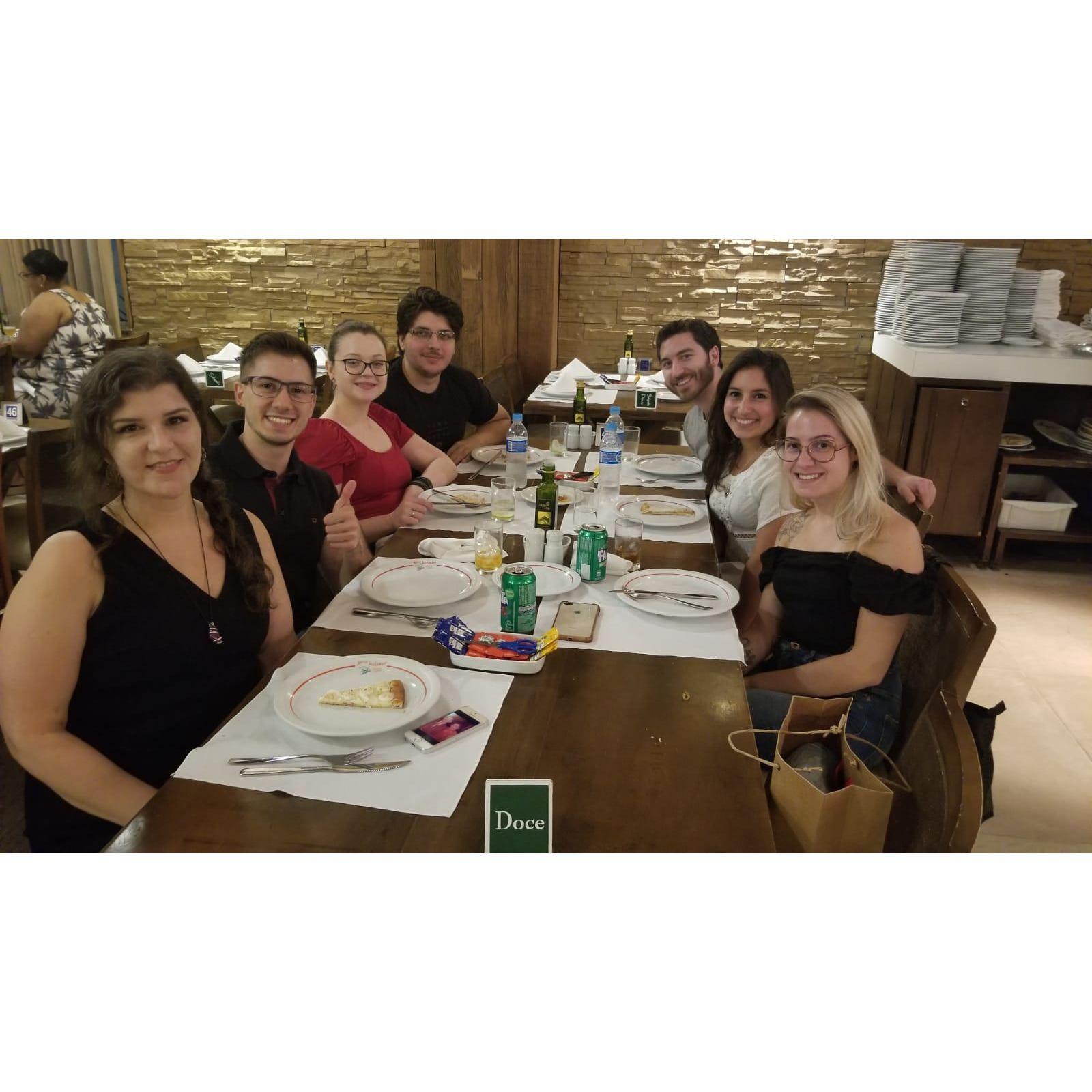 Pizza with the cousins in Porto Alegre: Ana Maria, Giovanni, Lisiane, Vitor, Matt, Nicole, Paola