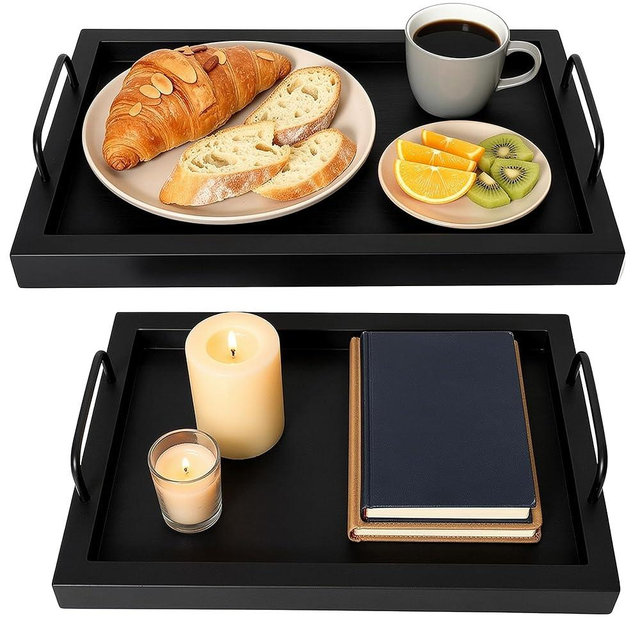Besti Rustic Vintage Food Serving Trays (Set of 2) | Nesting Wooden Board with Metal Handles | Stylish Farmhouse Decor Serving Platters | Large: 15 x2 x11” - Small: 13 x2 x9” (Black)