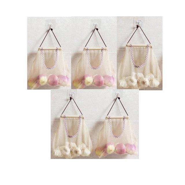 TuuTyss Set of 5 Hanging Reusable Storage Mesh Bag Vegetable Bag for Fruit,Garlics,Potatoes,Onions or Garbage Bag Organizer (5pcs-Beige)