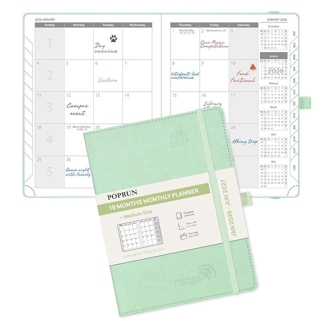 POPRUN Monthly Planner 2026-2027 (Medium- 6.5'' x 8.5'' Soft Cover), 18-Month Calendar Book (Jan.2026 - Jun. 2027), Calendar Planner with Monthly Tabs & Pocket, 100 GSM Paper - Green