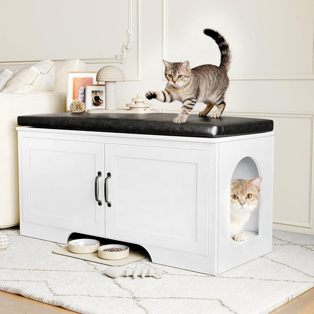 DreamDashio Modern Cat Litter Box Enclosure, 39" Hidden Litter Box Furniture with Removable Padded Seat Cushion, Flip-Top Design, Cat Washroom Bench with Storage Cabinet, Fit Most of Litter Box,White
