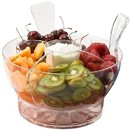 Perlli - Ice Chilled Serving Multifunctional Salad Bowl with Dome Lid and Serving Utensils - Includes 4-Way Divider, Dip Cup, Spacious Dome Lid, Shatterproof Acrylic, 6.5-Quart Capacity
