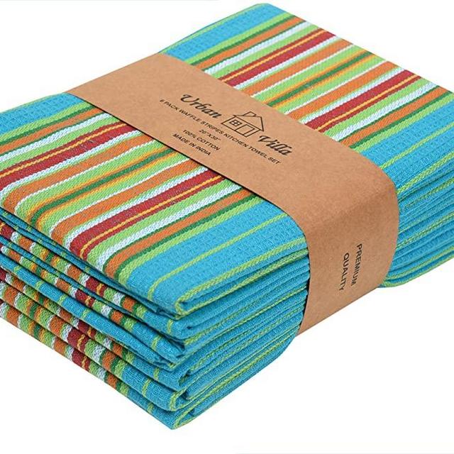 Urban Villa Kitchen Towels, Premium Quality, 100% Cotton Dish Towels,Mitered Corners,Ultra Soft (Size: 20X30 Inch), Azure Blue Waffle Stripes, Highly Absorbent Bar Towels & Tea Towels - (Set of 6)