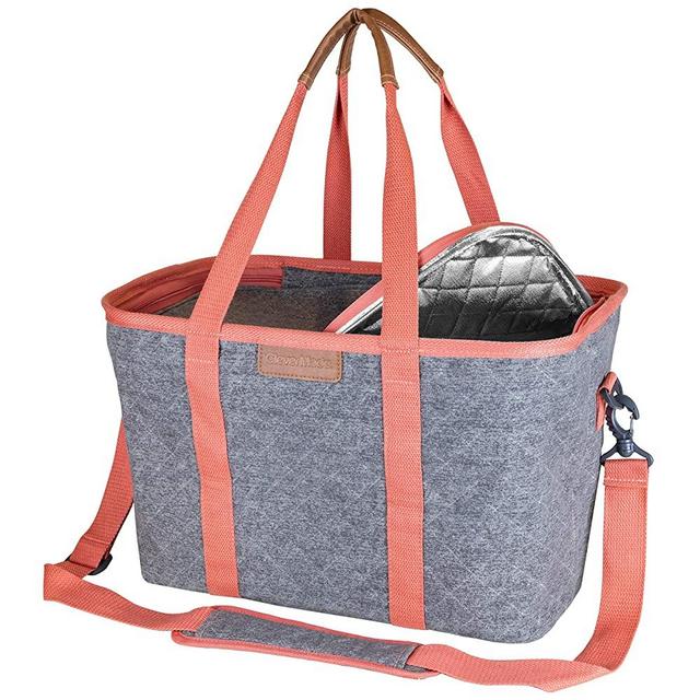 CleverMade SnapBasket Insulated Reusable Grocery Shopping Bag with Shoulder Strap, Reinforced Bottom and Zippered Lid, Collapsible Picnic and Food Delivery Tote, 30L Size, Heather Grey/Coral