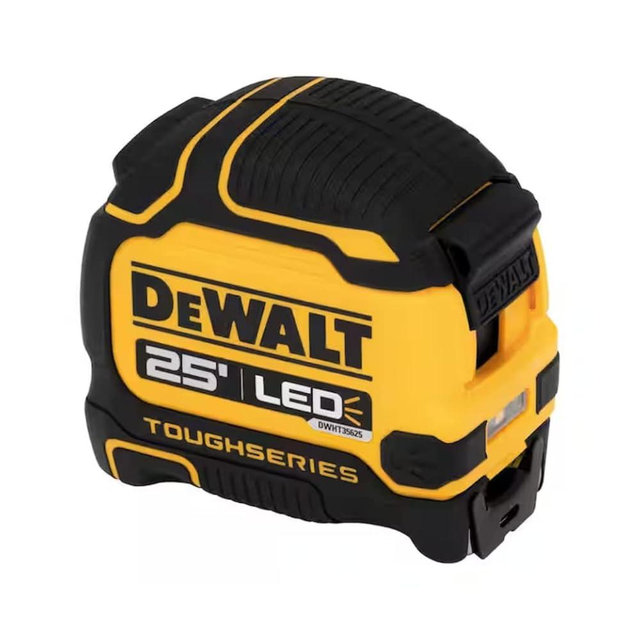 DEWALT 25FT ToughSeries Lighted Tape Measure, Slide Lock, 100 ft Drop Rating, 17 ft Max Reach, Built-in LED, 3 Hour Runtime, Includes USB Charging Cable (DWHT35625S)