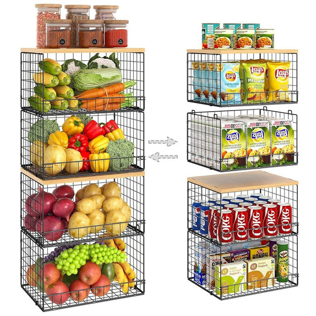 4 Pack Stackable Wire Baskets for Pantry Organizers and Storage, Pantry Baskets with Fixed Wooden Top, Fruit and Vegetable Storage Bins for Organizing Onion Potato Snack for Kitchen Cabinet/Countertop